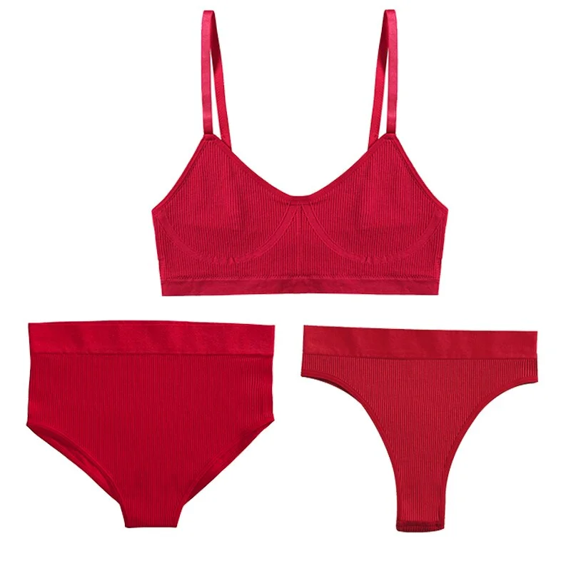 FINETOO 1 Top+3 Panties Set Women Seamless Bra G-String Thongs Soft Tops High Waist Shaper Underwear Female Lingerie Active Bra
