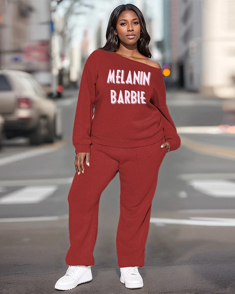 Women's Plus Size Pink Letter Printed Off-Shoulder Sweatshirt and Solid Color Casual Pants Set