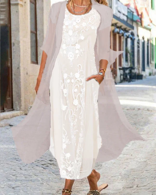 Fake Two Piece Casual Crew Neck Printed Maxi Dress S-5XL