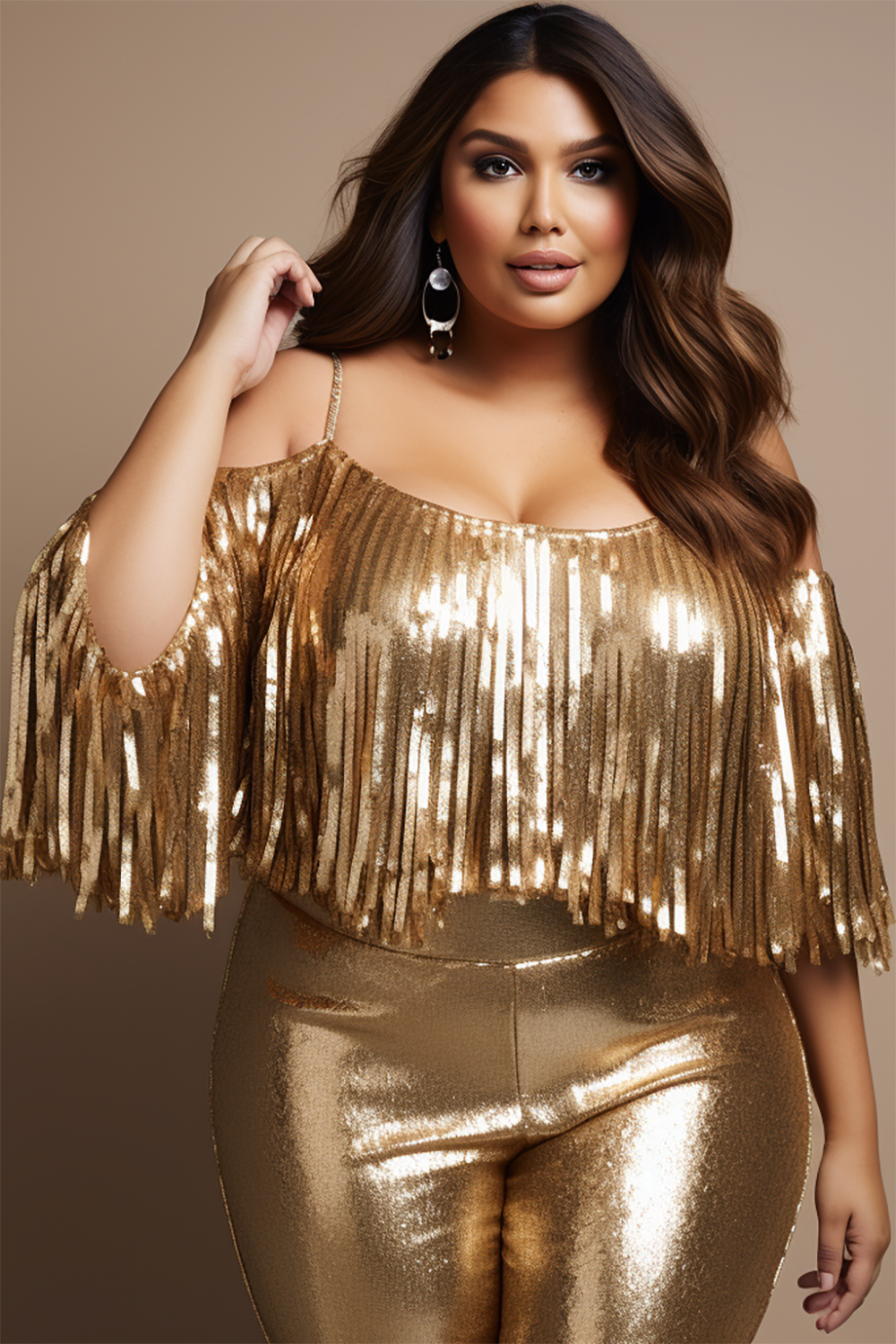 Design Plus Size Party Gold Spring Summer Open Shoulder Short Sleeve Strappy Metallic Blouses [Pre-Order]