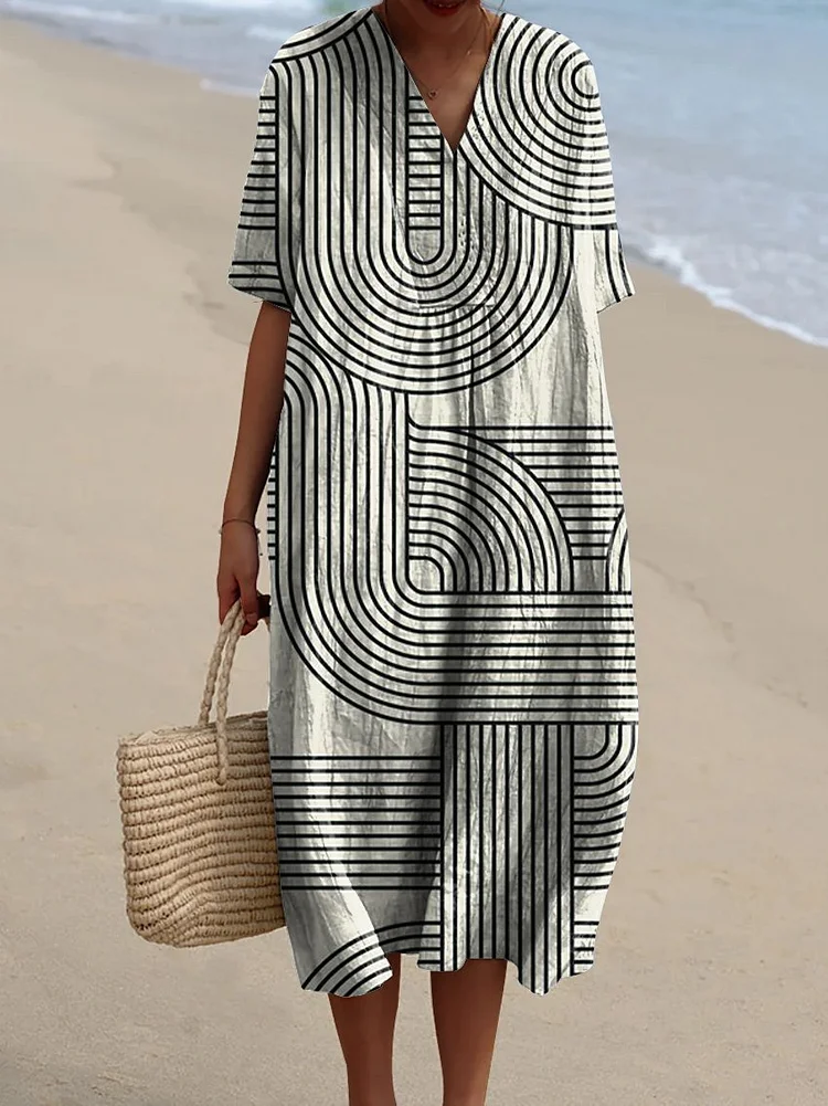 Women's Irregular Stripe Pattern Design Watercolor Splash Fluid Art Print Flowy Dress