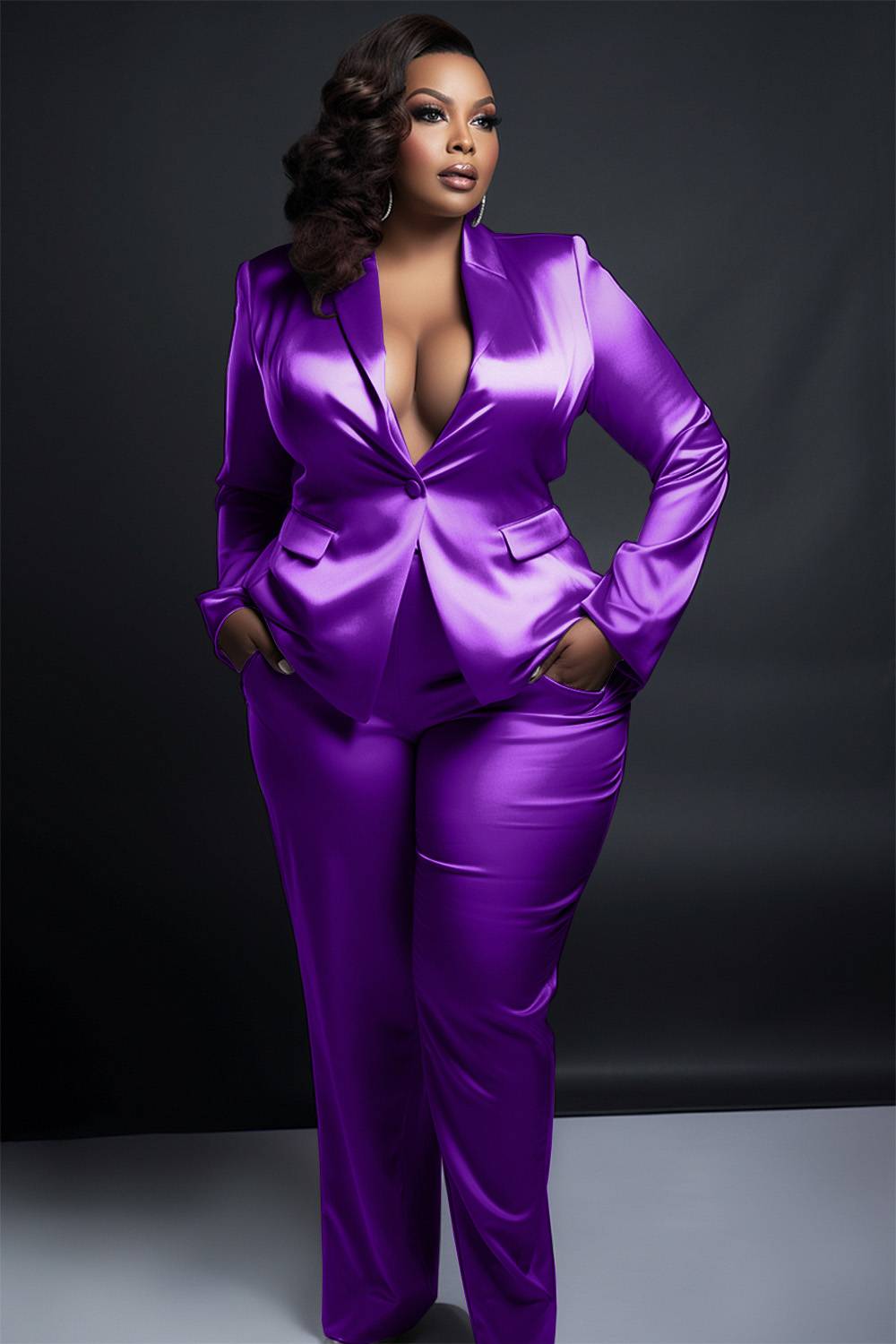 Design Plus Size Semi Formal Pant Sets Elegant Purple Turndown Collar Long Sleeve Satin Blazer Suit Two Piece Pant Sets With Pocket [Pre-Order]