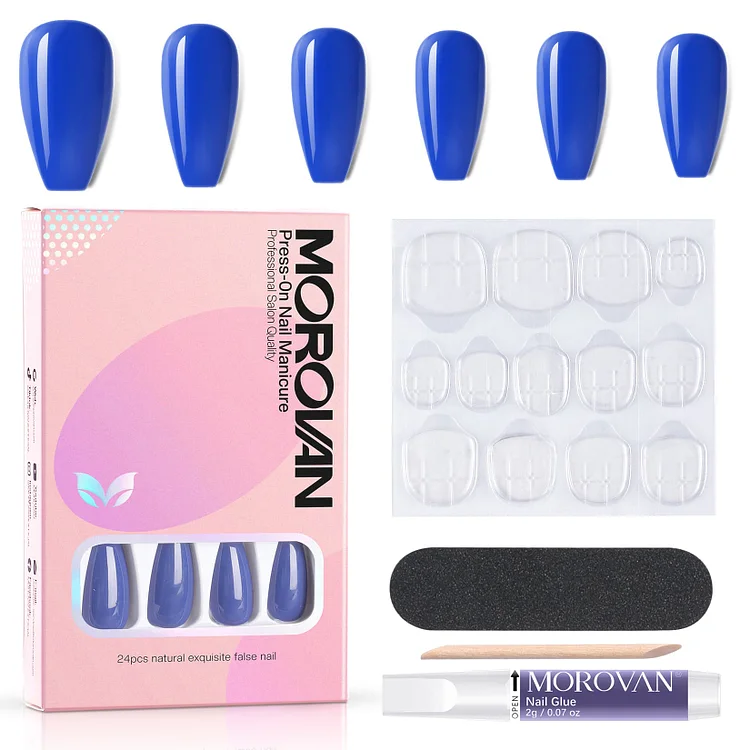 24PCS Fake Nails 14 Sizes Gloss Blue Press On Nails Kit