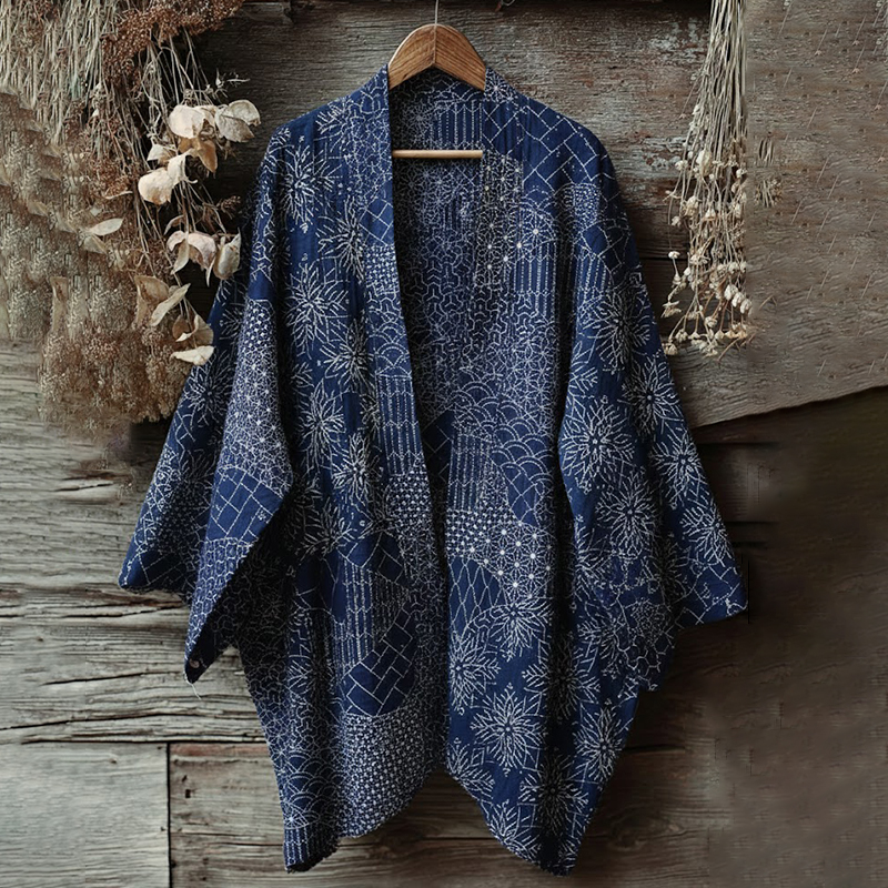 Retro Japanese Traditional Sashiko Art Print Cotton And Linen Blend Kimono Cardigan artswardrobe