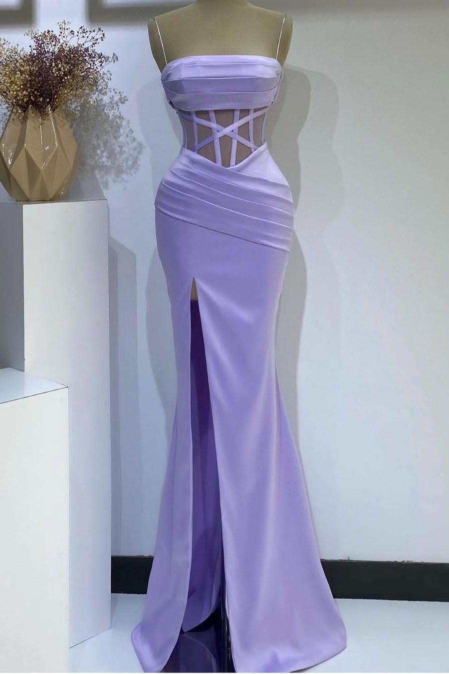 Ovlias Elegant Purple Spaghetti Strap Cut Out Delicate Evening Dress LY0424
