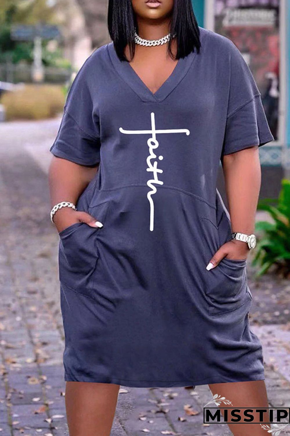 Black Casual Print Patchwork V Neck Straight Plus Size Dresses