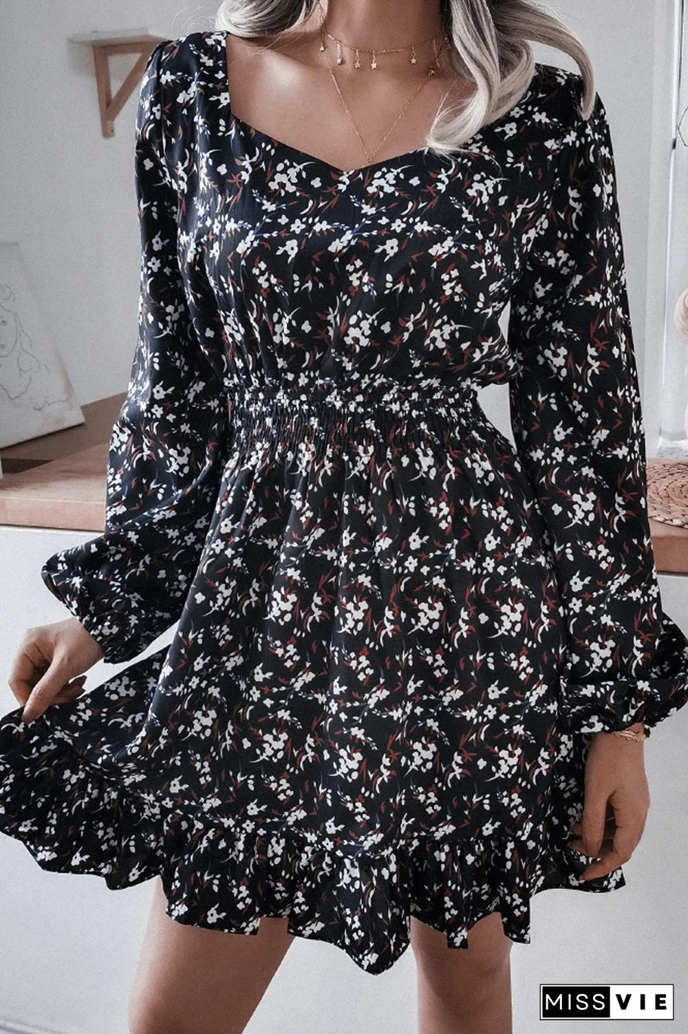 Floral Chiffon Ruffle Lantern Sleeve Dress