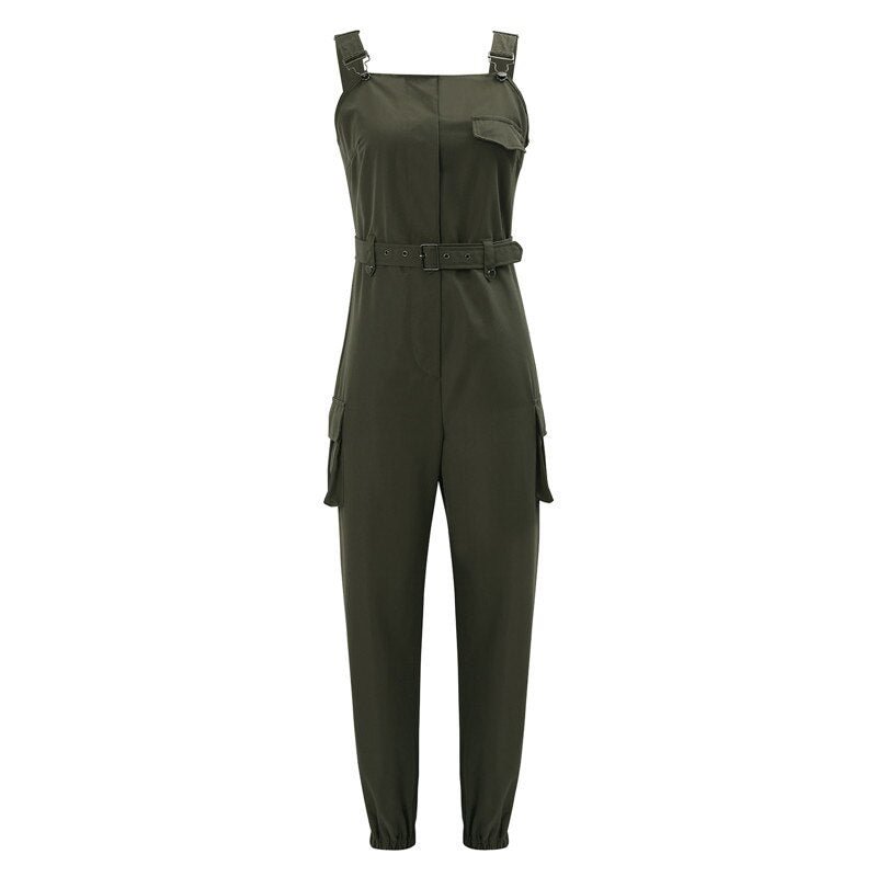 Women Jumpsuits Solid Fashion Casual Style Romper Cargo Pants Ladies Sleeveless Straps Belted Overalls With Pockets Female S-3XL