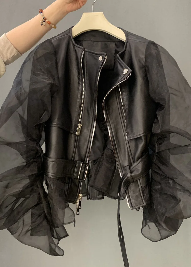 Fashion Black Tulle Puff Sleeve Zippered Patchwork Faux Leather Jackets