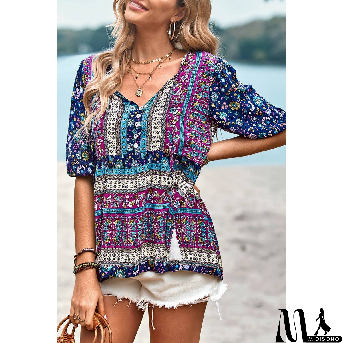 MidiSono - Floral Print Button Deep V Color Block Loose Fit Top