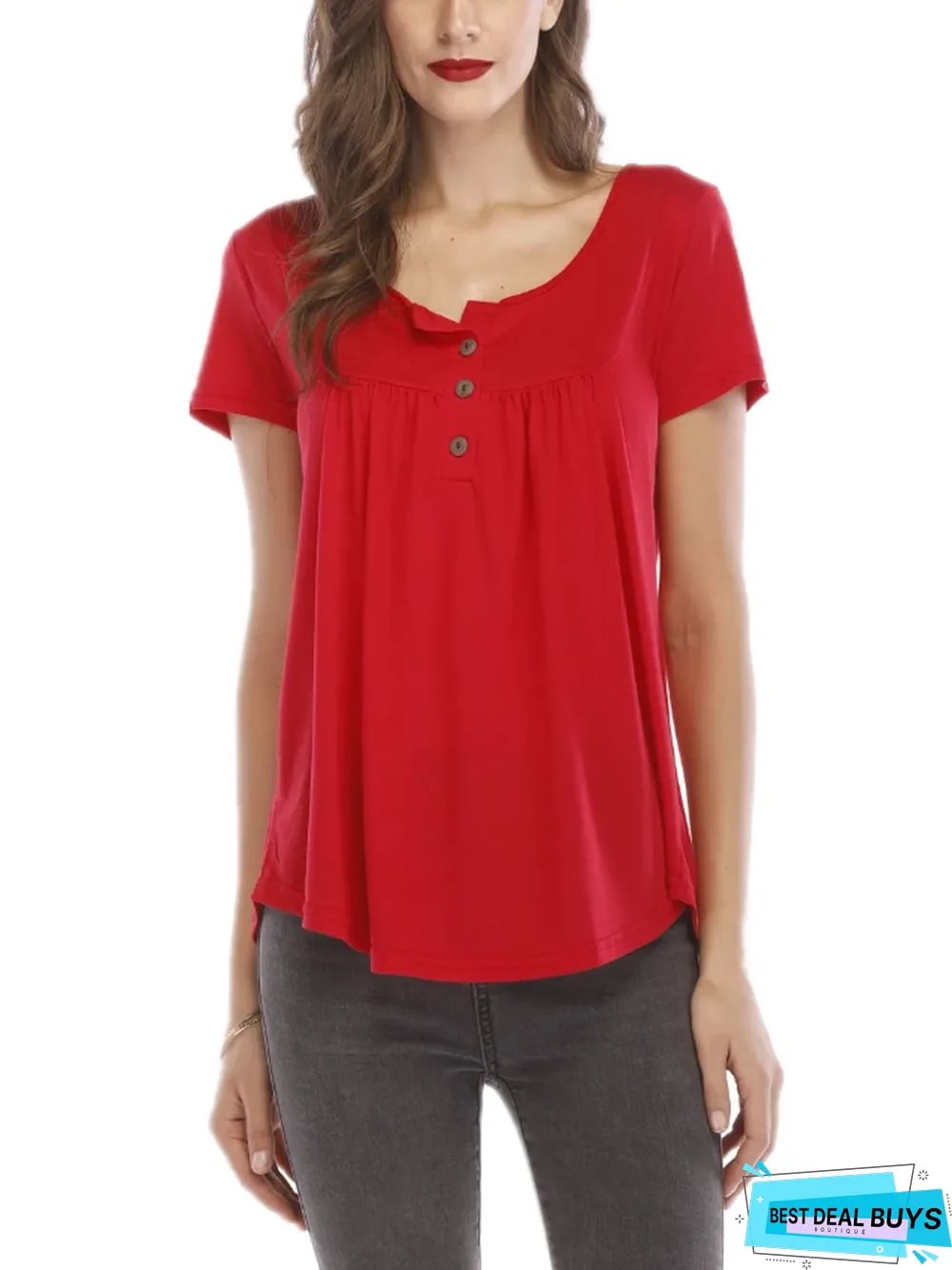 New Women's Pleated Button Loose Short Sleeve T-Shirt