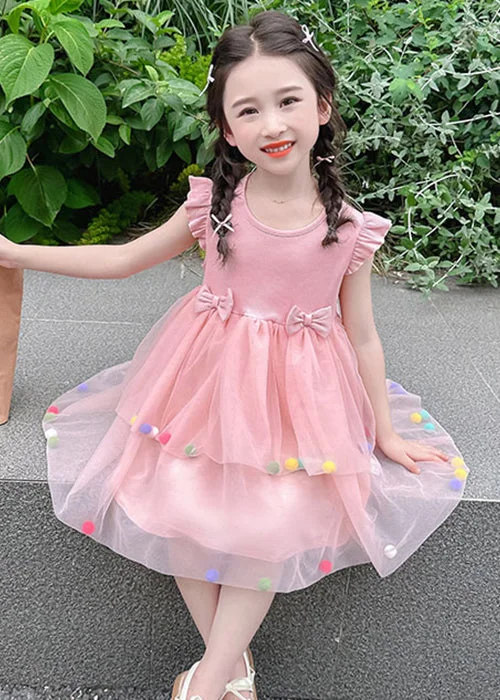 Lovely Pink O-Neck Tulle Patchwork Girls Dress Summer