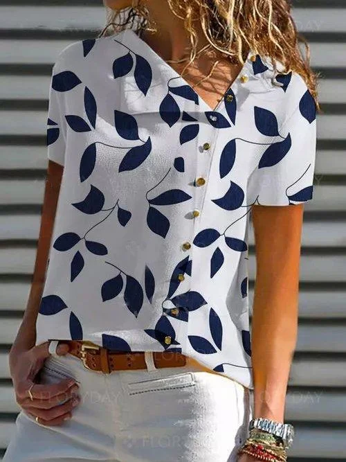 Holiday Leaves Asymmetrical Short Sleeve Shirts & Tops
