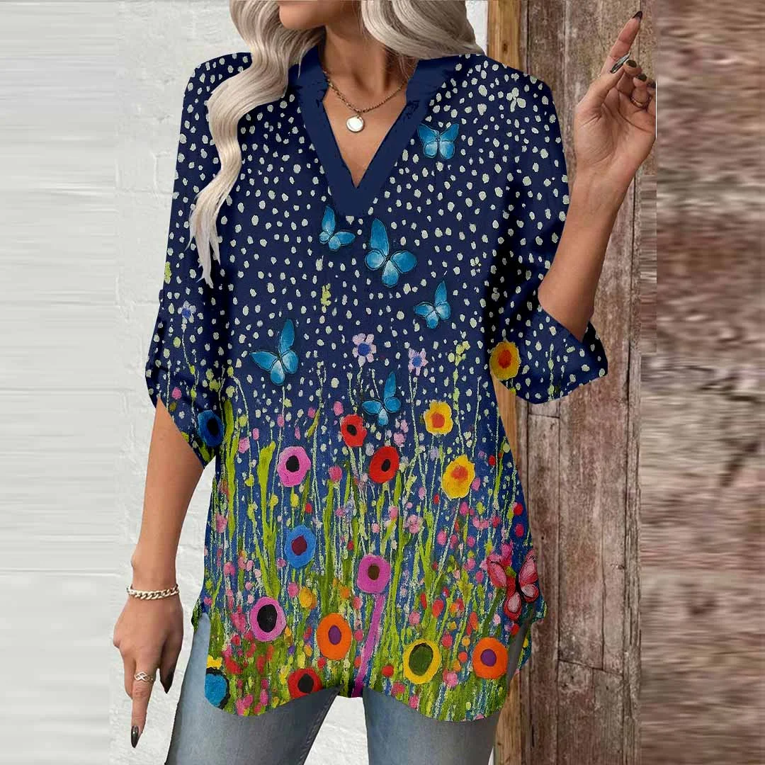 Women Polka Dot, Floral, Blue, Colorful DZGA0555 3/4 Sleeve V-neck Printed Graphic Button Tops