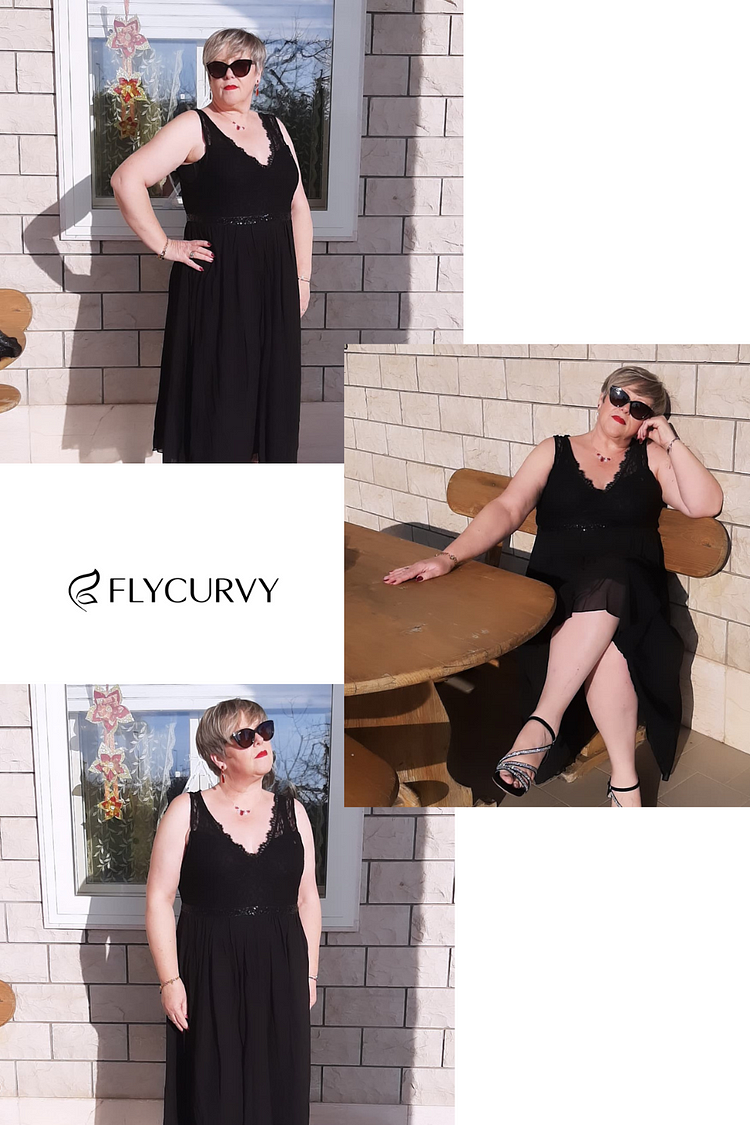 Flycurvy Plus Size Wedding Guest Black Chiffon Sleeveless Empire Waist Tea-Length Dress