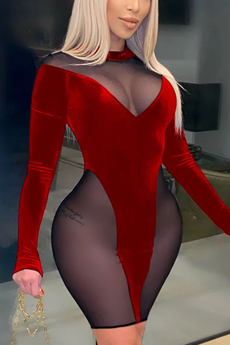Red Sexy Solid Patchwork See-through O Neck Pencil Skirt Dresses | EGEMISS