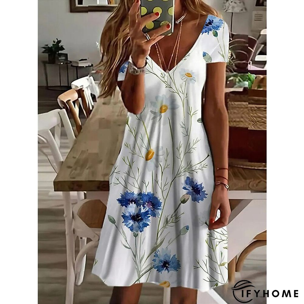 Women's Casual Dress Summer Dress Print Dress Floral Geometric Print V Neck Mini Dress Basic Fashion Outdoor Daily Short Sleeve Regular Fit White Blue Green Spring Summer S M L XL XXL | IFYHOME