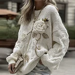 Women's Vintage Rose And Bee Knitted Warm Crew Neck Sweater - Image 2