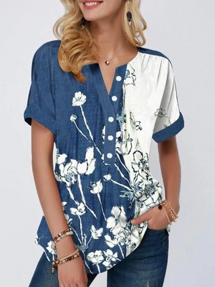 Ladies Cotton Printed V-neck Short-sleeved T-shirt