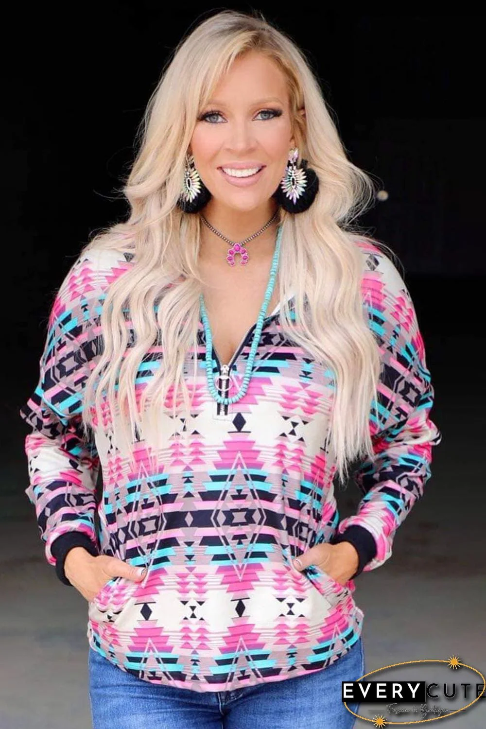 Multicolor Western Aztec Pattern Zipped Turn-down Collar Sweatshirt