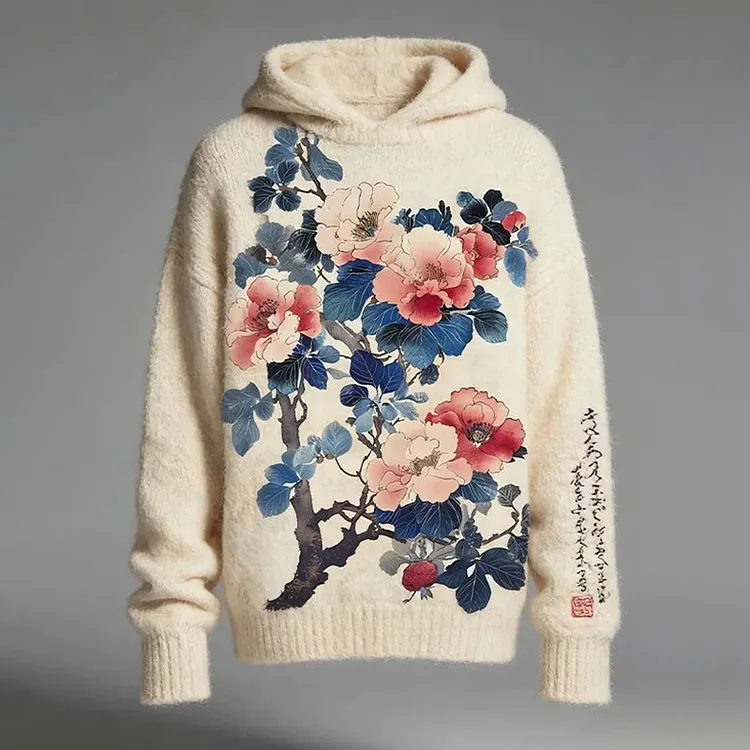 Men's Retro Calligraphy Floral Print Knit Hoodie