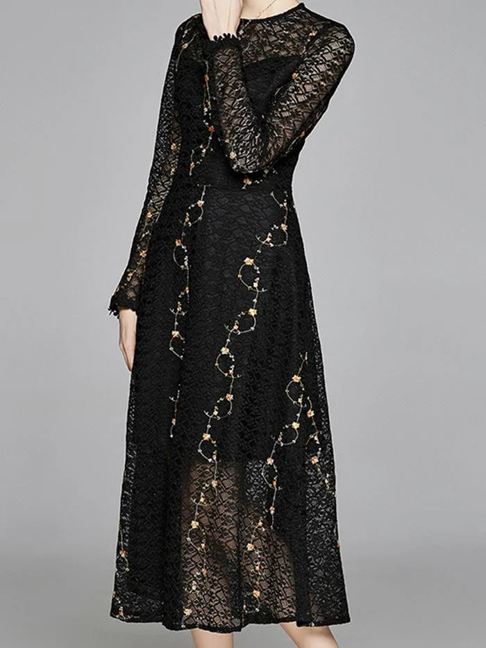 Fashion Embroidered Round Neck Lace Dress