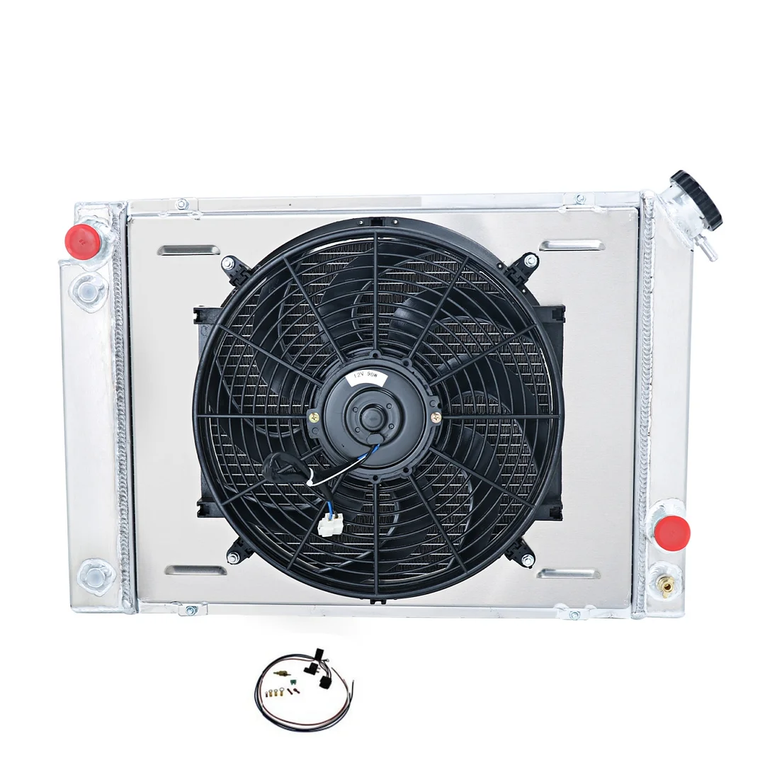 Alloyworks 3 Rows Aluminum Radiator with Shroud Fan Thermostat For 1984-1988 1985 Pontiac Fiero 2.5L 2.8L 14" 90W Fan  17"Height x  25.39"Width