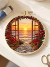 29x29cm DIY Cotton Embroidery Kit with Embroidery Hoop Pre-Printed Pattern Needlework Handmade Landscape Hand Stitch Kit for Craft Lover Gift