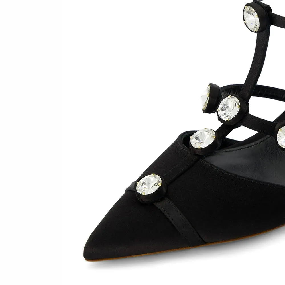 Black Pointed Toe Sculptural Heel Ankle Strap Rhinestone Pumps Shoes