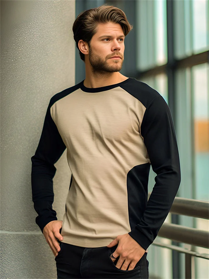 Men's T-shirt Autumn and Winter New Casual Color Blocking Round Neck Pullover Men's Long-sleeved T-shirt Bottoming Shirt-Mixcun