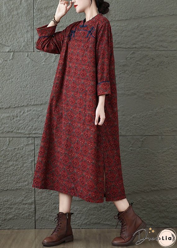 Vintage Red Stand Collar Print Oriental Button Cotton Dress Fall