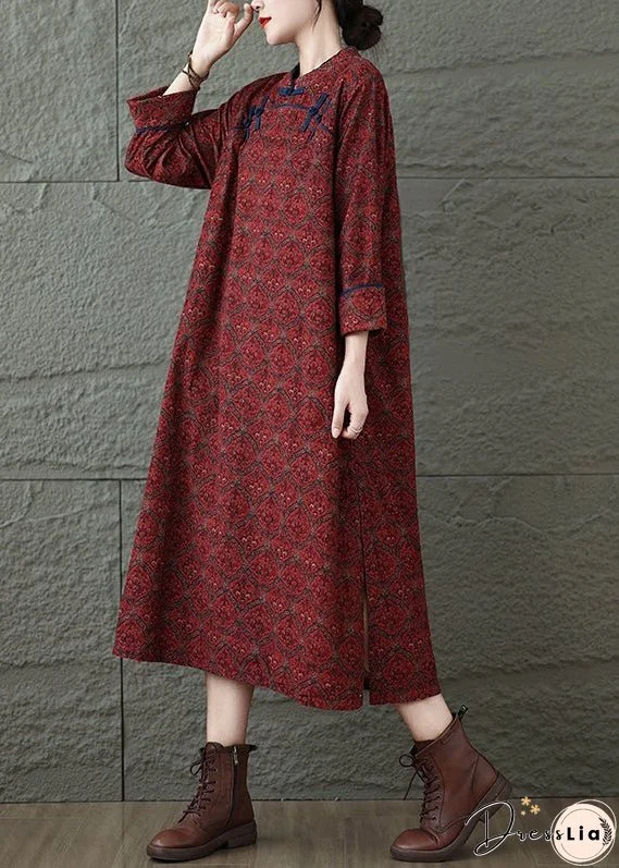 Vintage Red Stand Collar Print Oriental Button Cotton Dress Fall