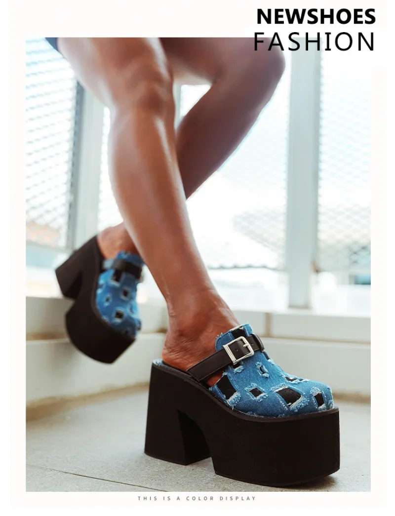 Breakj for Women Sexy High Heel Slippers Thick-heeled Denim Ripped Toe Head Slippers Height Increasing Toe Shoes Plus Size 35-43