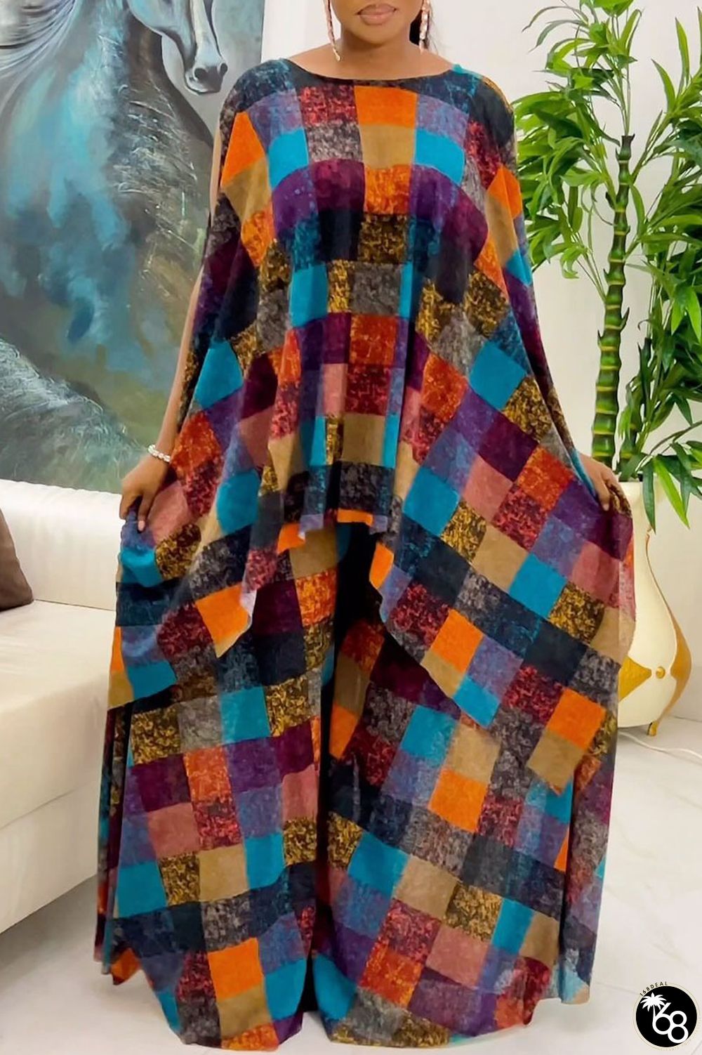 Casual Street Daily Elegant Vacation Plaid Printing Contrast O Neck Two Pieces | 168DEAL