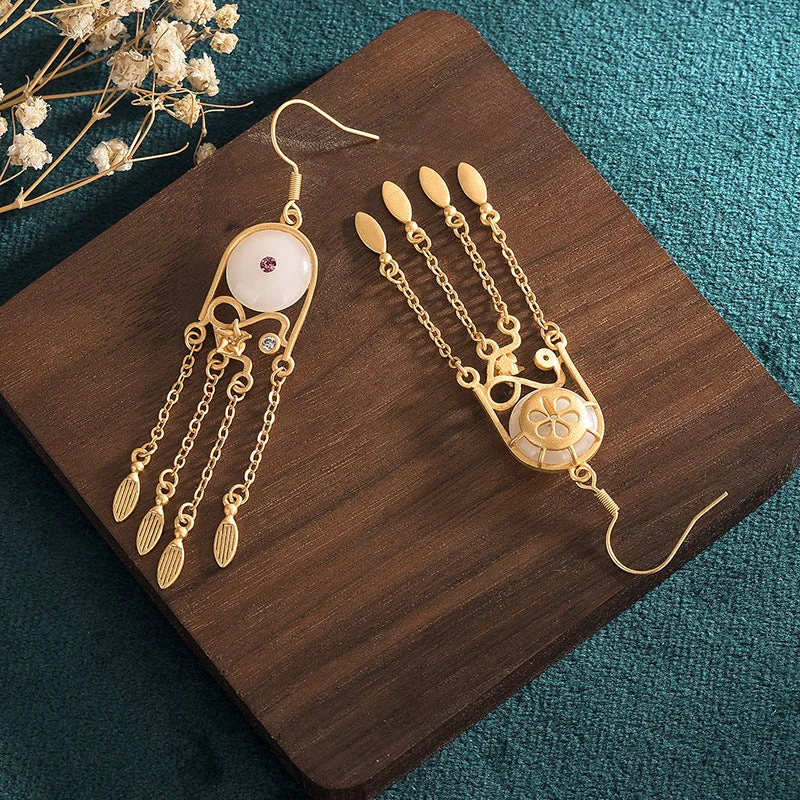 White Jade Ethnic Chinese Style Tassel Drop Dangle Earrings