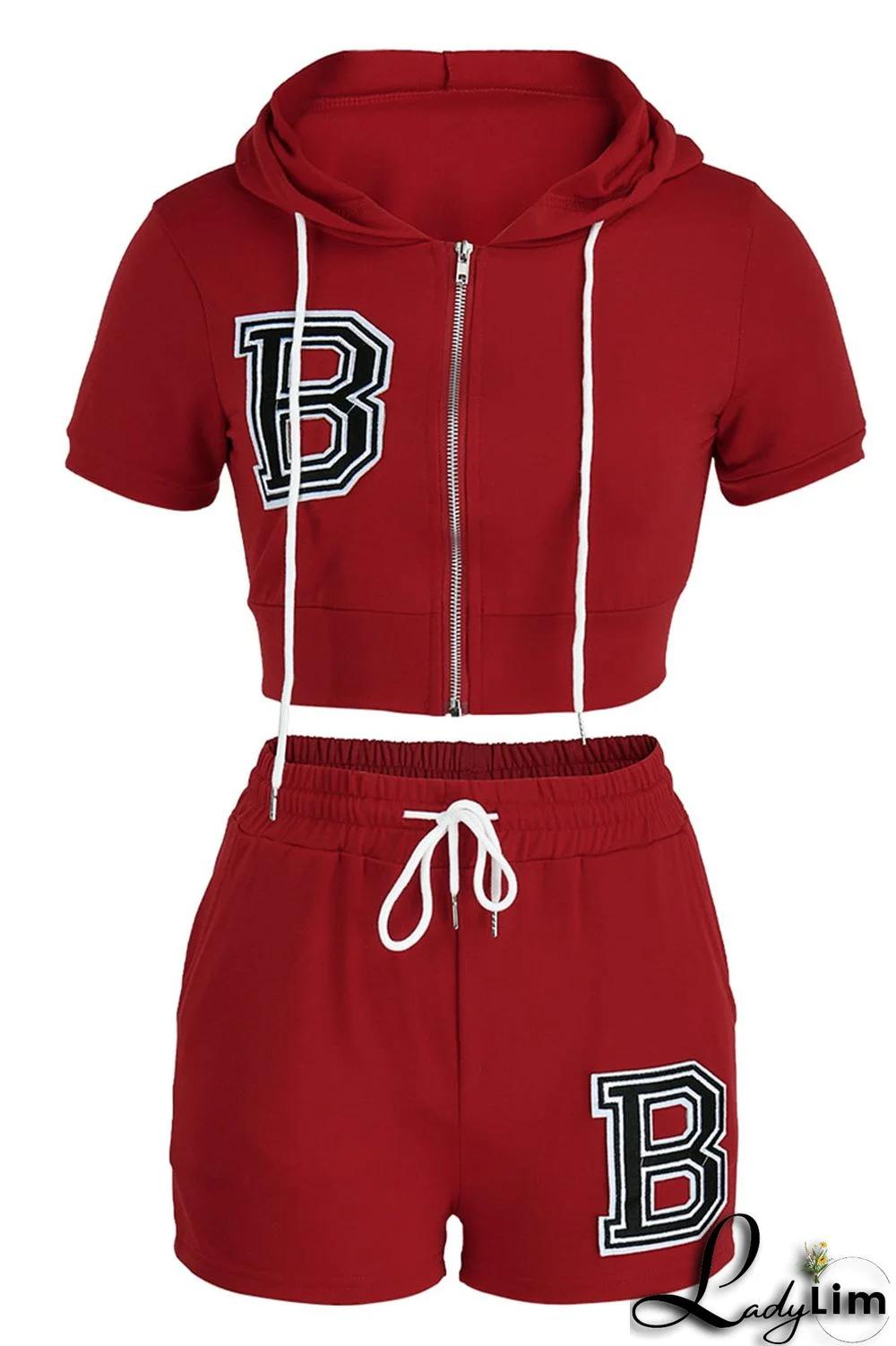 Pink Fashion Casual Letter Solid Embroidered Hooded Collar Short Sleeve Two Pieces