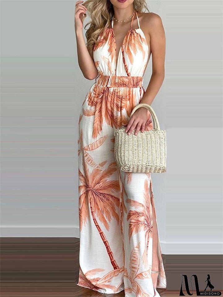 MidiSono - Women's Sexy Backless Digital Print Halter Side Slit Jumpsuit