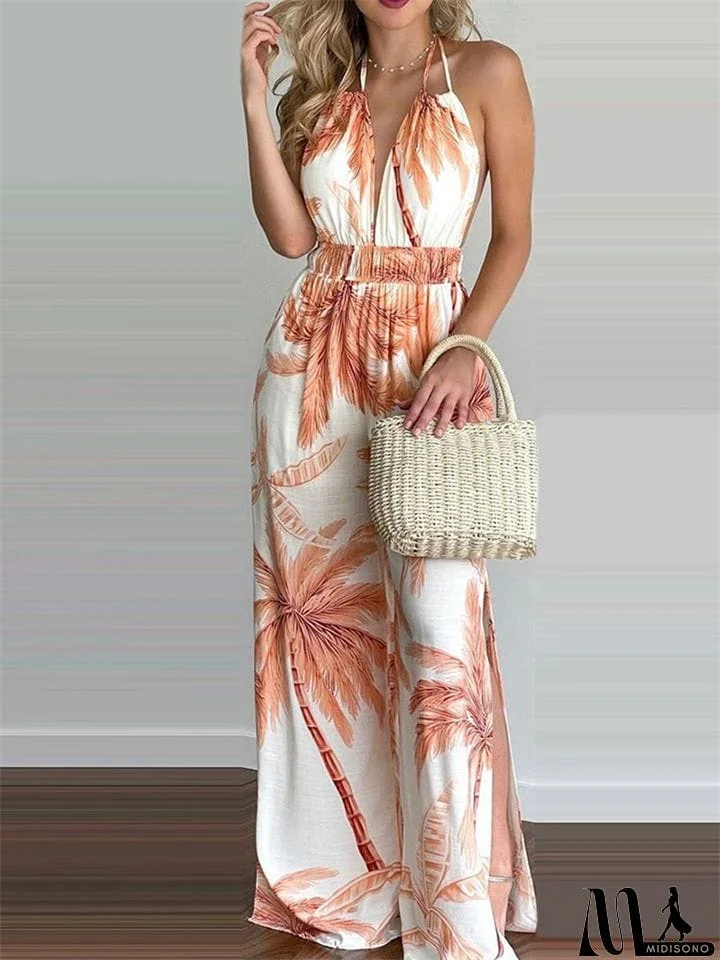 MidiSono - Women's Sexy Backless Digital Print Halter Side Slit Jumpsuit