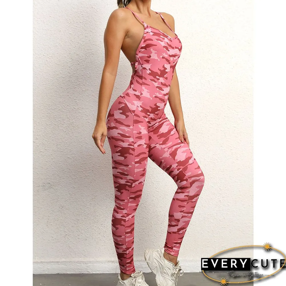 Pink Camo Print Back Criss-cross Nylon Jumpsuit