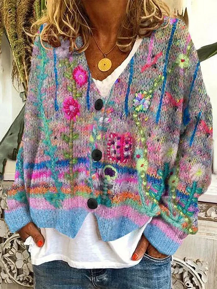 Casual Colourful Abstract Graphic Button V Neck Cardigan Sweater