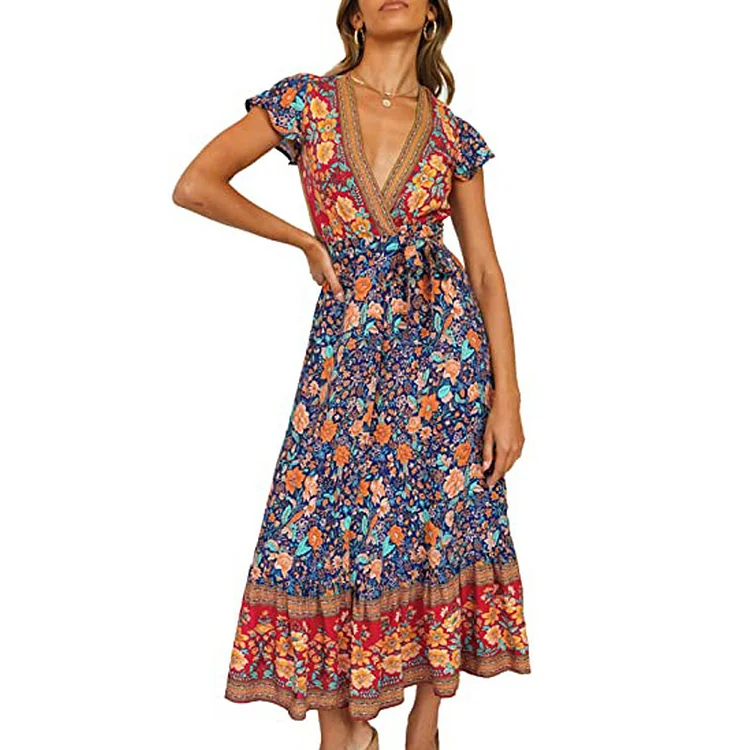 Sexy V-neck Floral Slit Print Fashion Midi Dress