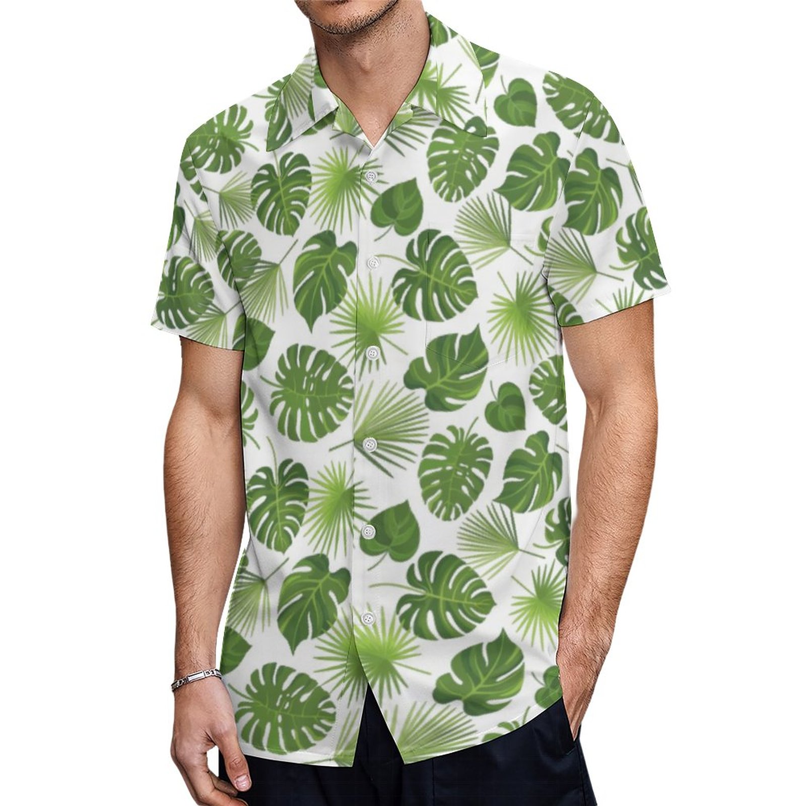 Stylish Green Tropical Leaves Pattern Hawaiian Shirt Mens Button Down Plus Size Tropical Hawaii Beach Shirts