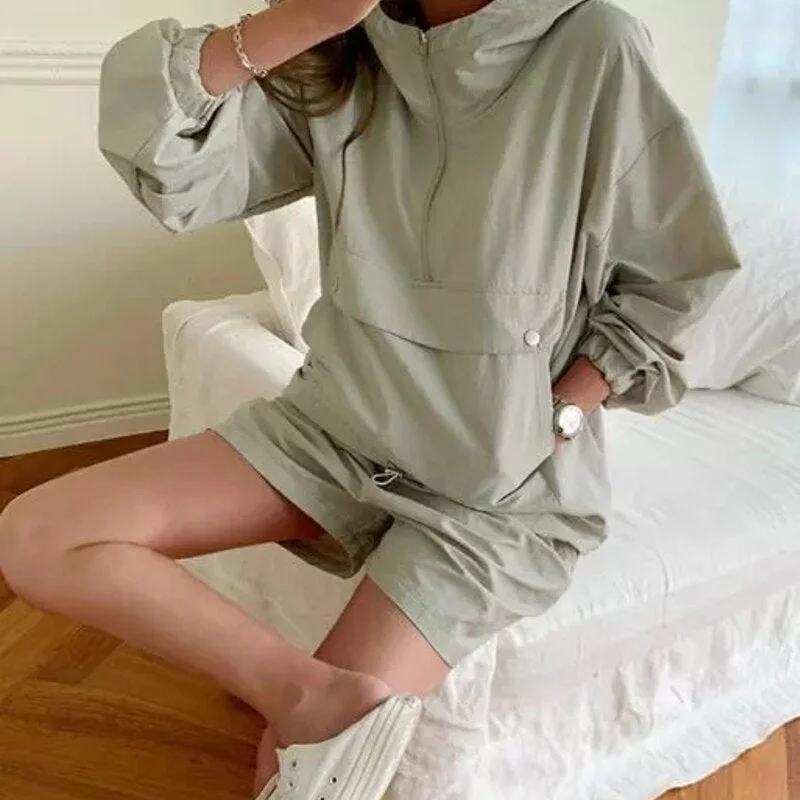Spring Summer Tracksuit Women's Suit 2 Pieces Set Hooded Long Sleeve Hoodies And Shorts Female Casual
