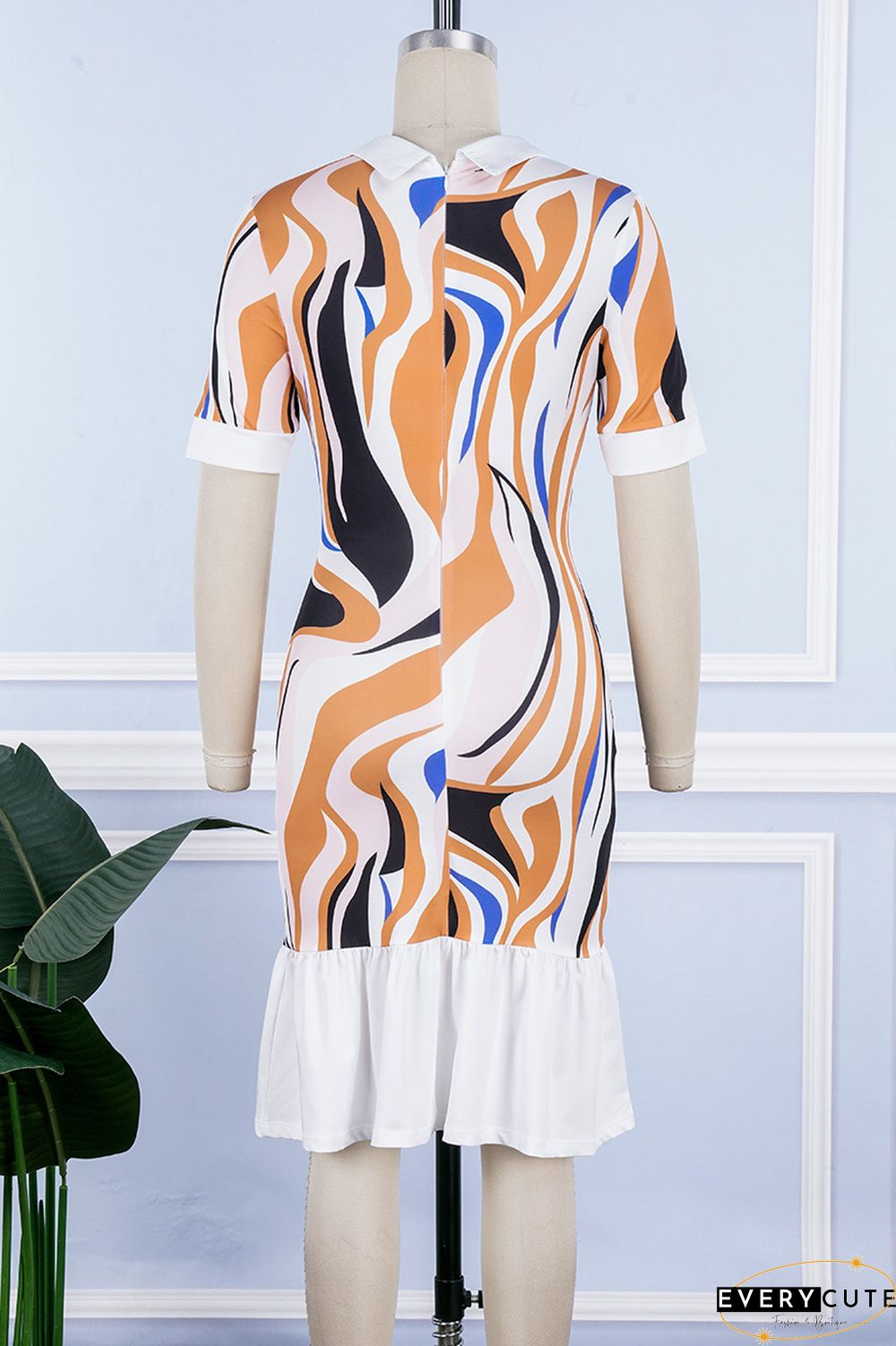 Multicolor Casual Print Patchwork Turndown Collar Short Sleeve Dress