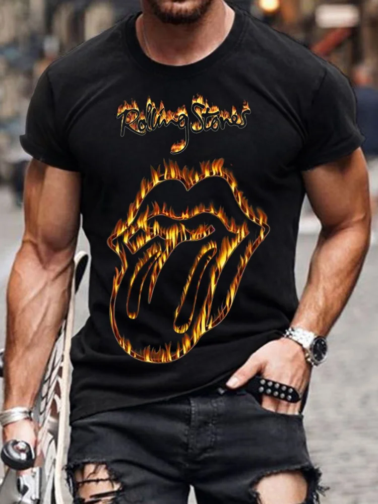 Comstylish Men's Rolling Stones Burning Lips Print Short Sleeve T-Shirt