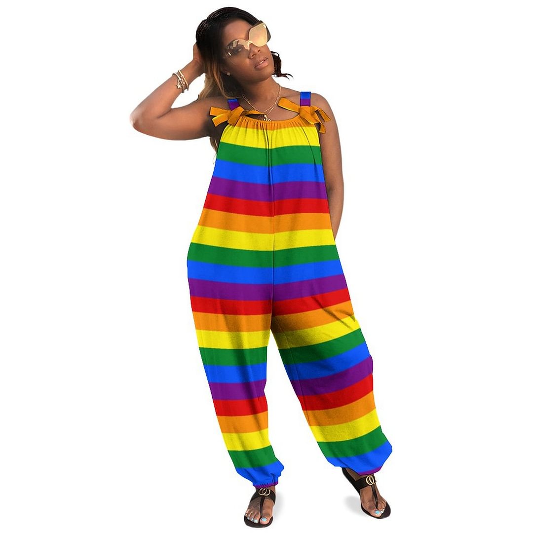 Colorful Rainbow Striped Boho Vintage Loose Overall Corset Jumpsuit Without Top