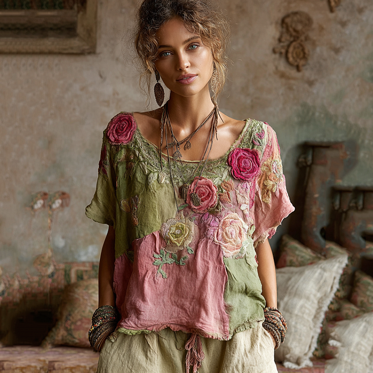 Vintage Pink Roses Patchwork Art Linen Tunic
