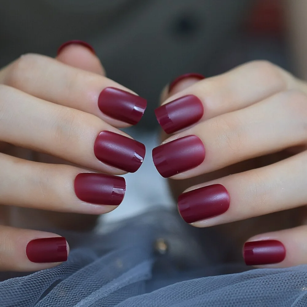 Natural Faux Ongles Dark Maroon Red Gorgeous French Tip Glossy Top Square Medium Size Tips for Daily