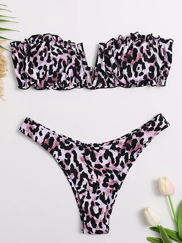 Sexy Leopard Print Bandeau Split Bikini Swimsuit