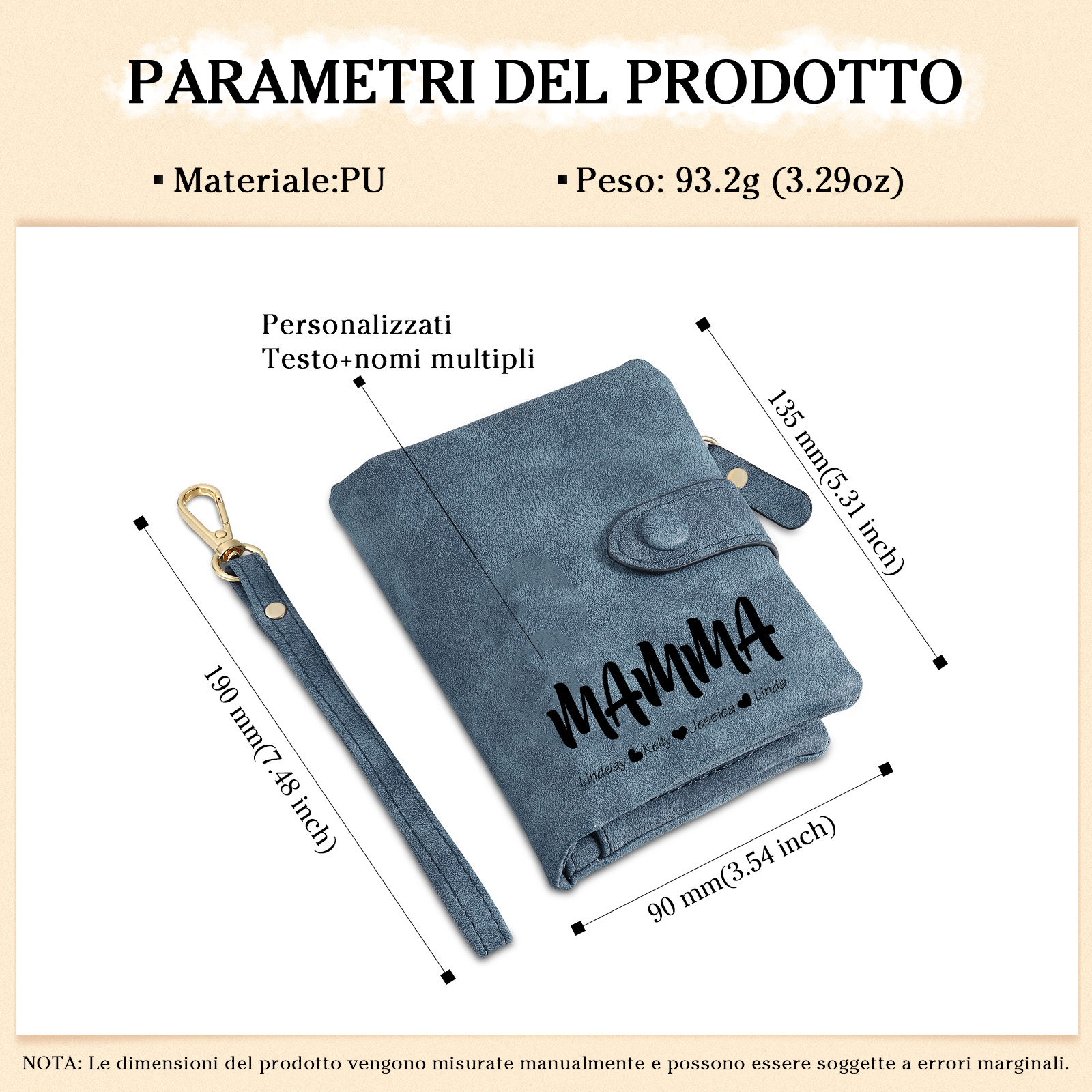 Portafoglio in PU pelle con 4 nomi & 2 testi & 1 foto personalizzati per mamma